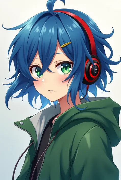 Blue long hair,green eye,red black tip headphone,green jacket,boy,anime