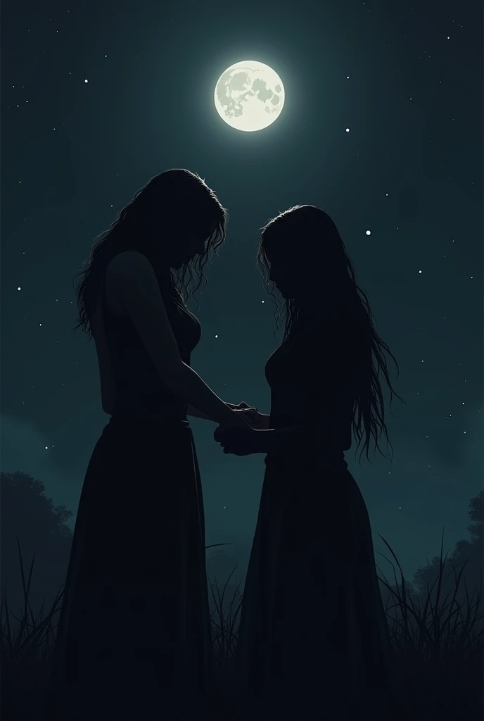  It generates a silhouette of a woman with slightly disheveled hair , The hair is long,  the woman is holding the hand of a  who is looking at her,  the background is absolute darkness and you can only see the moon , But the moon illuminates absolutely not...