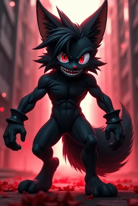 Alone,1 boy(( red sclera :1.3),( White eyes:1.3),Tails,Tails(Sonic Prime ),Black Fox, muzzle,  anthropomorphic, furry, thighs, fingerless gloves, shorts, jacket, ( hair over one eye:1.3), (taken:1.4),  sharp teeth,(Language:1.3),( full body),(:0.8),detaile...