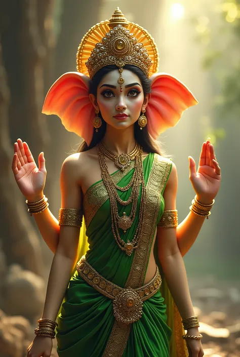 "Create an image of the extremely beautiful Goddess Vinayaki, the female counterpart of Lord Ganesha and one of the Sapthamatrikas. She is depicted as an elegant and graceful goddess with the small head of an woman elephant and the beautiful slim body of a...