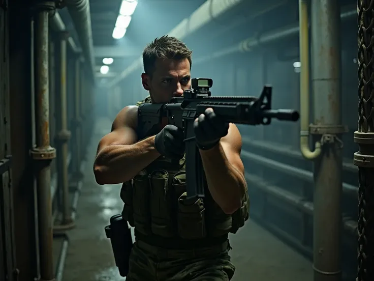 Create a cinematic action scene featuring a determined soldier in a gritty industrial environment. The character is a muscular man with a focused expression, holding a rifle aimed with precision, wearing tactical gear including a camouflaged uniform and a ...