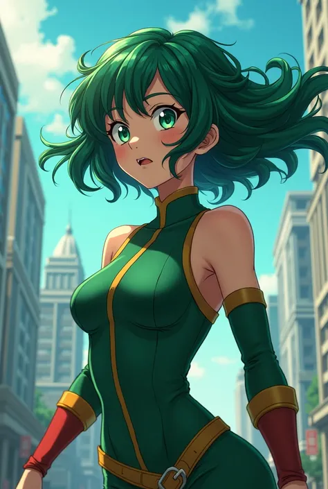 Create a character with the anime style my hero academia, with green hair, wavy and shoulder-length, has green eyes also feminine , 8k