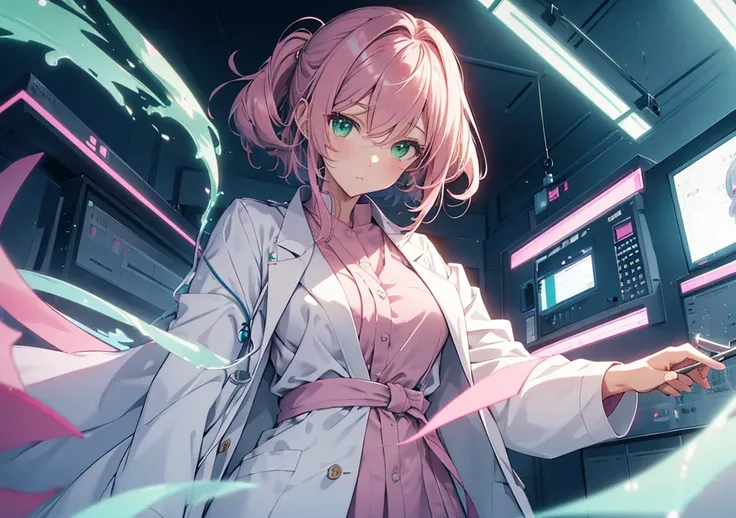 An anime-style illustration of a brilliant doctor with soft, fluffy details. She has sharp green eyes full of confidence and silky pink hair tied neatly. Wearing a pristine white coat over a pastel blouse, she holds a surgical instrument, standing in a hig...