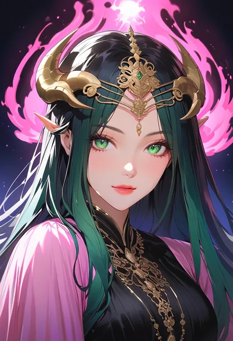 This character is a woman with a mystical aura, beautiful and mature. Her lips are pink, her hair is long and bright dark blue, sparkling with bangs (French bang style). combined with sharp shining green eyes she has bright blue dragon horns on her head, w...