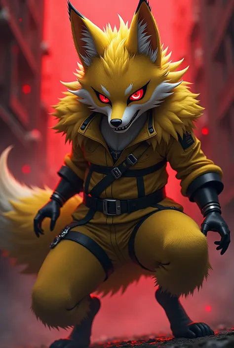 Alone,1 boy(( red sclera :1.3),( White eyes:1.3),Tails,Tails(Sonic Prime ),Yellow fox, muzzle,  anthropomorphic, furry, thighs, fingerless gloves, shorts, jacket, ( hair over one eye:1.3), (taken:1.4),  sharp teeth,(Language:1.3),( full body),(:0.8),detail...