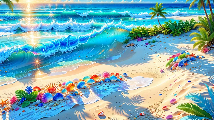 A Masterpiece In 32K Resolution, Supreme Quality, Super Detail, Official Art, Very High-Resolution 32K Wallpaper, Beautiful And Aesthetic, Ultra-Detailed Features, Awe-Inspiring Detail. A Vibrant 32K Anime Illustration Of A Pristine Beach On A Clear Summer...