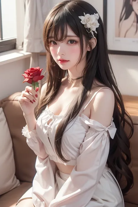  Anime Girl， Black Long Hair，White skirt，red rose, Tattoo,  Detailed Beautiful Eyes , Guvez, Guvez on pixiv artstation,  detailed digital anime art , 美麗的 Anime Girl, Guvez on artstation pixiv, Anime style 4K, guys, Beautiful anime portraits,   Anime Girl的詳...