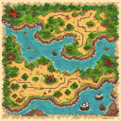 an old treasure map on paper, pixelart, pixels