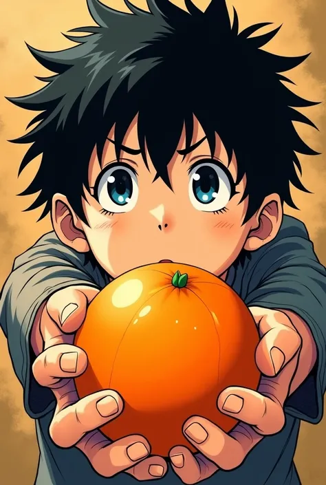 Create a manga cover featuring a boy holding a tangerine ,  the boy has black hair and dark blue eyes 
Do it looking up
