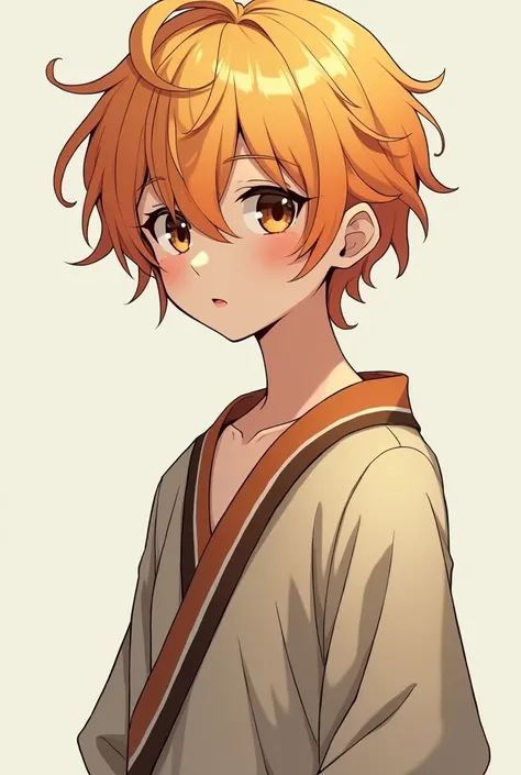  I would like to create an anime version of a boy with short Korean-style hair and a color like blonde mixed with orange, fractions a little feminine and very tall ,  big brown eyes ,  thick eyebrows and a small nose with a pink mouth and wearing loose-fit...