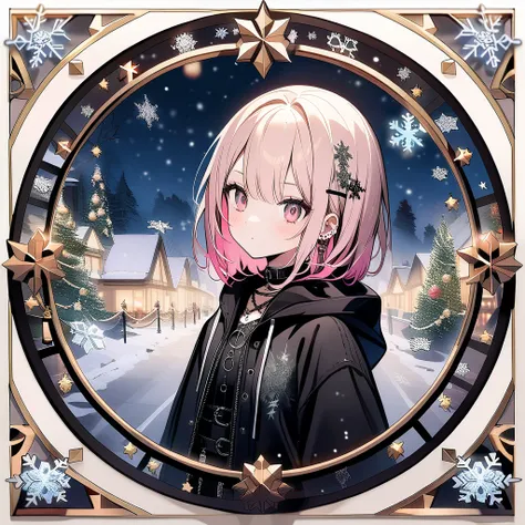 (Circular frame1.7) One Girl ,（Blonde on the outside 、 pink hair on the inside ）,Goth Punk, Christmas Ornaments,(( Intricate Snowflakes )), icon, Circular frame,(Winter Scenery)