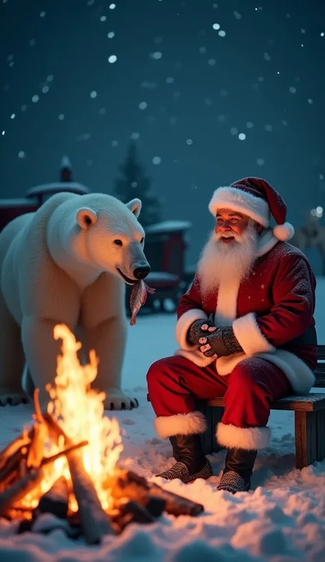 In a hyper-realistic 4k . On a dark night with starry skies ,  image of Santa Claus in the middle of the North Pole,  sitting on a wooden bench in front of a fire roasting a fish on a wooden stick ,  he is in his red clothes and red hat . Next to him,  a p...