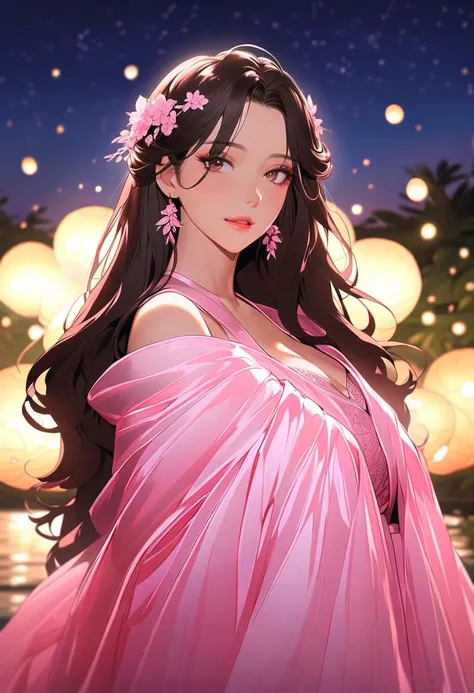 This character is a woman with a mystical aura, beautiful and mature. Her lips are pink (only her lips). lakeside with fireflies at night, manhwa style,