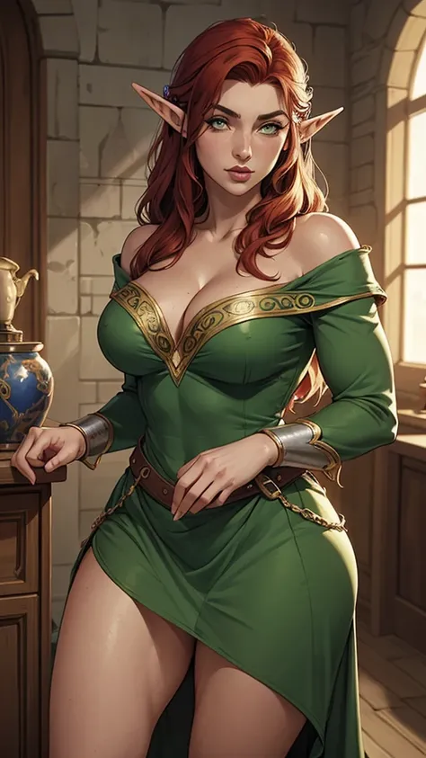  A close up of a red-haired woman wearing a green dress, Amouranto, better known as Amouranto, young beautiful Amouranto, Amouranto as a super villain, Triss Merigold Cosplay,  cleavage, ornate cosplay, she is nonsense, as a medieval fantasy character, Bea...