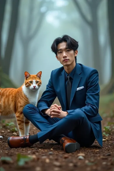  photography 6D , super HD,close up, super realistic, full lenght ,  a 27yo korean man , ittle long curtains hairstyle ,  wearing a blue office suit  ,  trousers and wearing leather shoes ,  sitting on a chair facing front stylishly dashing crossed legs,  ...