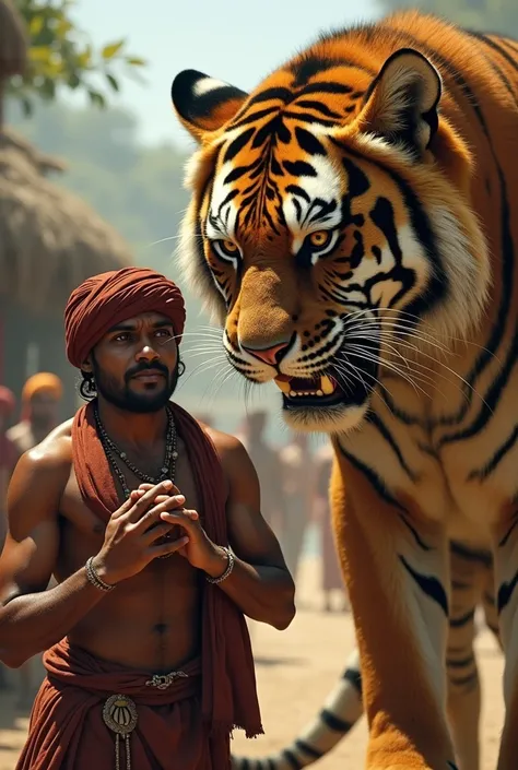 
A semi-comical scene where the tiger, now standing close to the man, has an anthropomorphic expression of annoyance. The tiger is large, muscular, with sharp claws and glowing amber eyes. The man, trembling with fear, is holding his hands together in a pl...