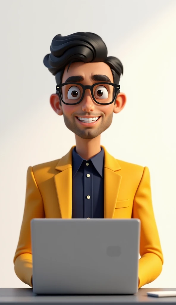 A 3D Pixar-style avatar of a minimalist freelancer, around 28 years old, with medium tan skin tone, stylish glasses, and a clean-shaven face. The character is dressed in a formal yellow blazer over a dark navy blue shirt, embodying a creative and professio...