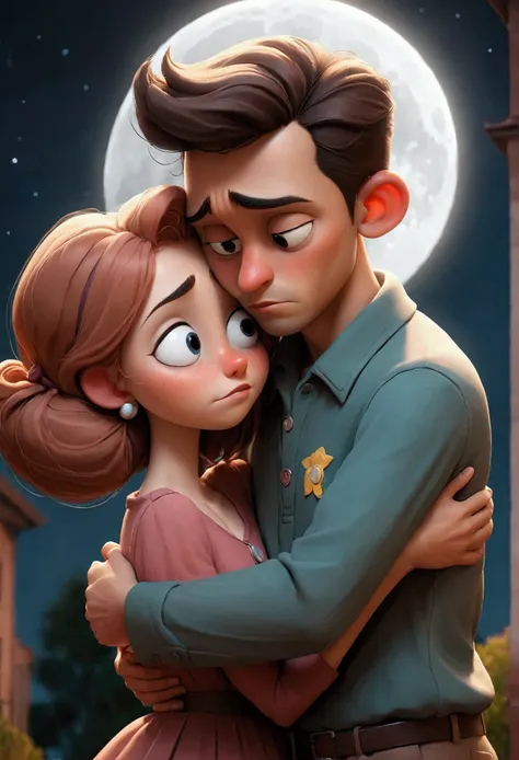 a man hugging his girlfriend while looking at the moon