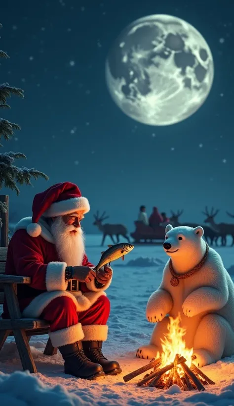 In a hyper-realistic 4k . On a dark night with starry skies and a giant full moon,  image of Santa Claus in the middle of the North Pole,  sitting on a wooden bench in front of a fire roasting a fish on a wooden stick ,  he is in his red clothes and red ha...