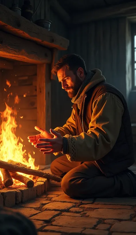 A man warming his hands, feet and face in front of a fire