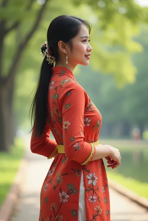 Draw details a photo of a cute, smiling young Burmese woman in a beautiful park area, dressed modestly. Draw her in a side view with a beautiful big butt and beautiful big breasts dressing Myanmar dress.

   Please redraw the photo to make it look like a r...