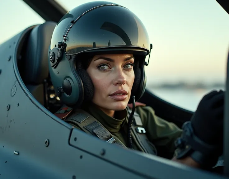 Angelina Jolie wearing a fighter pilot suit, wearing a advanced flight helmet with transparent visor, wearing oxygen mask, wearing gloves, sitting inside the cockpit of f16 fighter jet, she is flying the jet, external view from outside the cockpit