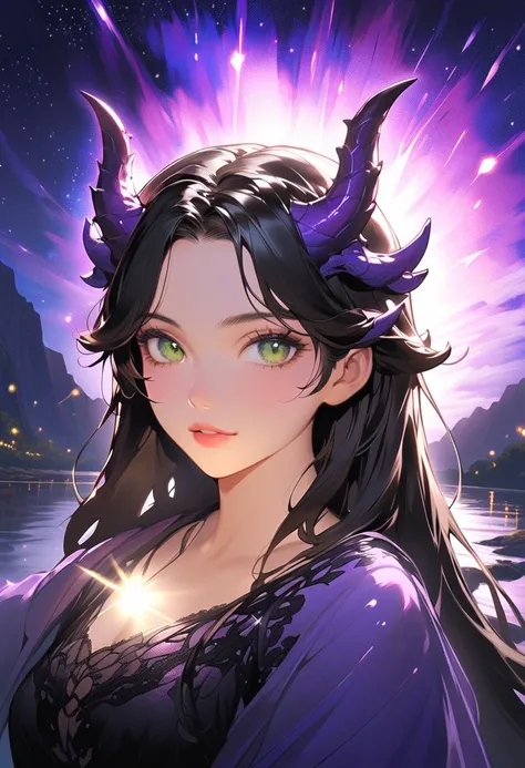 This character is a woman with a mystical aura, beautiful and mature. Her lips are pink, her long dark blue hair is bright and shiny combined with sharp shining green eyes. She has bright blue dragon horns on her head. She is wearing a simple black dress. ...