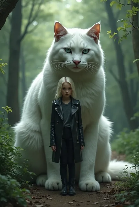 A short blonde female in a black leather jacket black trousers black boots stands next to a giant white furry cat dn ash blue-eyed ash in the middle of the forest 