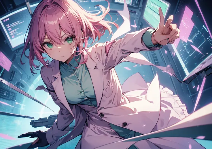 An anime-style illustration of a brilliant doctor with a confident expression. She has sharp green eyes and silky pink hair tied neatly in a professional style. Wearing a pristine white coat over a pastel blouse, she stands in a high-tech operating room, h...