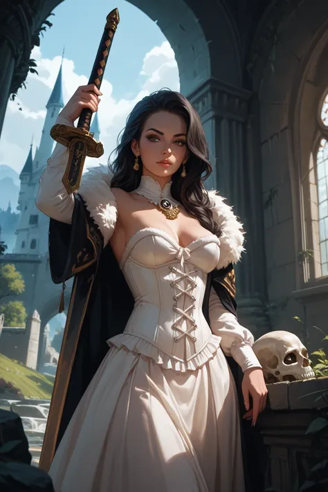 The image is a digital illustration of a woman with long dark hair and a fierce expression on her face. She is wearing a white corset with a fur stole draped over her shoulders and is holding a sword in her right hand. The woman is standing in front of a s...