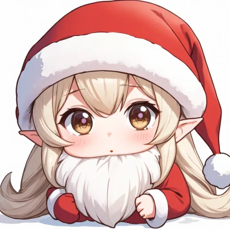 A cute chibi girl elf puffing out his cheeks in a big, baggy Santa Claus hat, ultra detailed, absolutely resolution, masterpiece