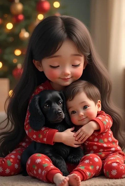 A  girl with black hair and light skin and a one year old baby boy with black hair and light skin hugging wearing matching chirstmas pajamas with a black cocker spaniel dog 