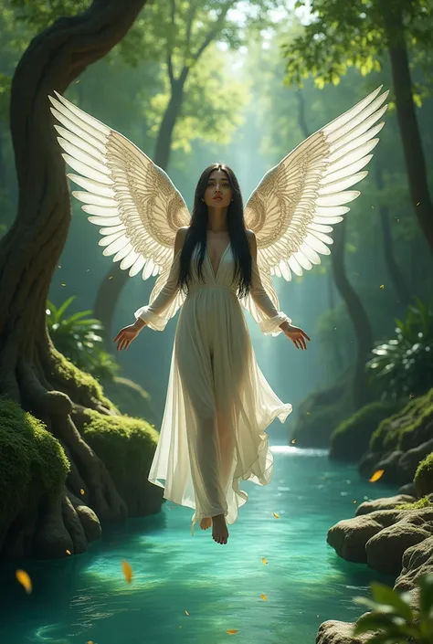 (photorealism:1.2), (HDR focus ),  360° camera ,  sun lights , closeup photo of sweet and graceful female model,  long straight black hair , sexy body curves ,  wearing a tight long sleeve dress in white ,  big angel wings on the back , flying hovering ove...