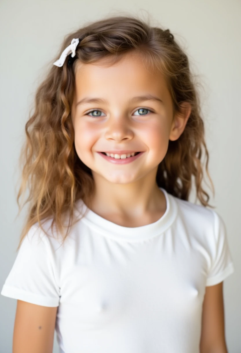 highest resolution, high detailed, photorealistic, T-shirt mockup, a young girl, happy face expression, gorgeous, Caucasian 