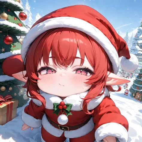 A cute chibi girl elf puffing out his cheeks in a big, baggy Santa Claus hat, ultra detailed, absolutely resolution, masterpiece