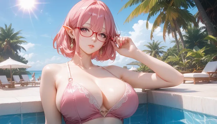  1 girl,  amazingly beautiful girl, (  Self Stunnishing  :1.2),  A pink one-piece swimsuit that boldly reveals large skin from chest to navel, ,A lovely woman,  bright color, masterpiece,  top quality, Confused,  top quality, Amazing Details, 8k, aesthetic...