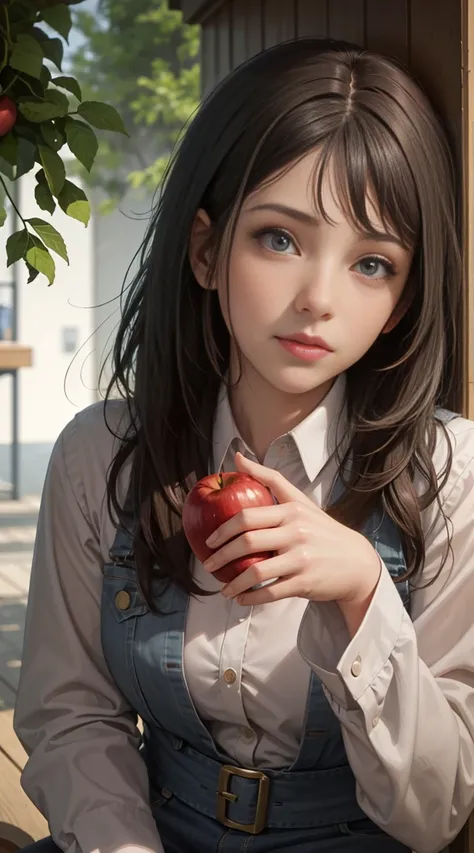 A girl picking a apple on the tree