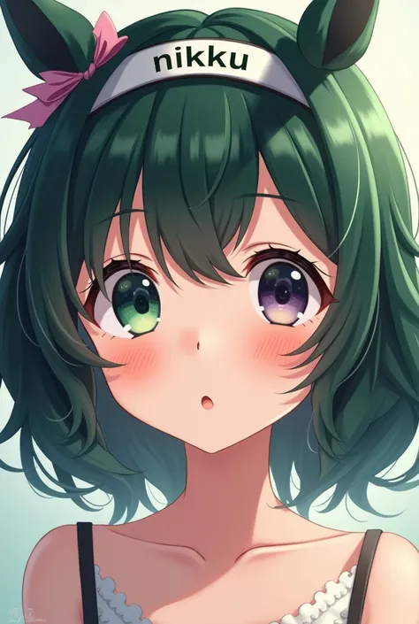 Anime cute face girl, He has a hair band and has the signature Nikku written on it.,  dark green hair,  dark green and dark purple eyes, 