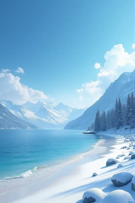 A blue beach full of snow
