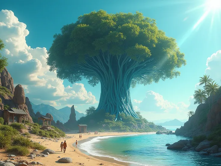 masterpiece, best quality, high quality, extremely detailed CG unity 8k wallpaper, a hyperrealistic colossal cyan raintree, in a futuristic prehistoric village, splashing water, sandy debris, lens flares, sunshaft, fluffy clouds, Hyperdetailed, HDR, bloom,...