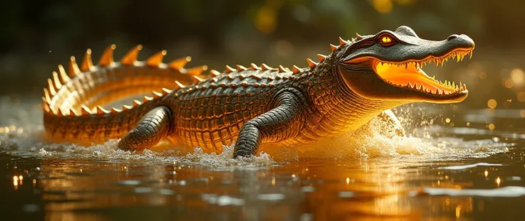 super realistic photo,  glowing gold crocodile, sharp scales ,  sharp teeth, coming out of the water, The tip of his tail has some green leaves ,  and there are some gold-colored scratches on the screen in the image