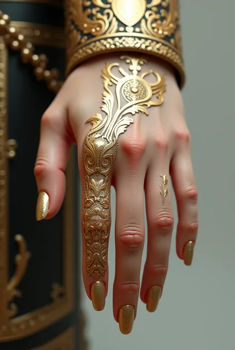 Hand with large fingernail with gold leaf decoration 