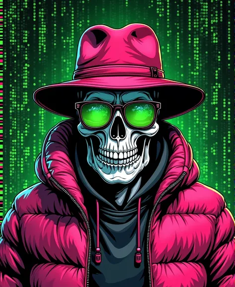 creative logo illustration fantasy style of a lot of screens reflecting vivid green binary codes set in the background, a black and white intricate drawing of a skull with cool  sunglasses reflecting vivid green binary codes, red hat and wearing a shiny pi...