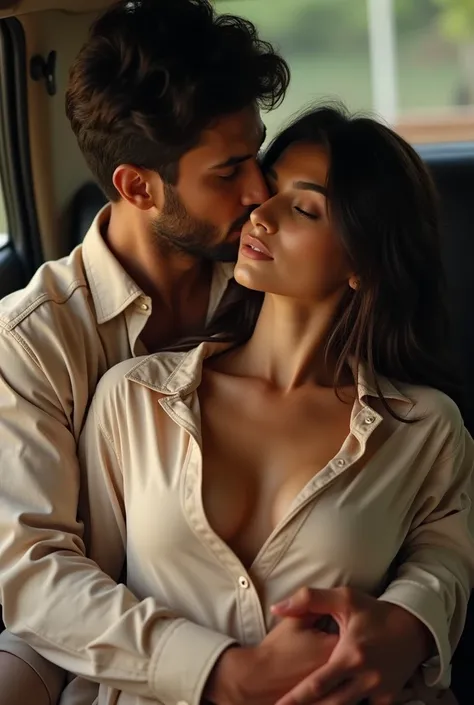 ultra realistic image, 4k, natural skin, top angle close up image, Beautiful Indian woman and one man having romance, sitting on the lap of the man at the back seat , romantic scene, soft natural lighting, woman wearing deep neck oversize in nude form, man...