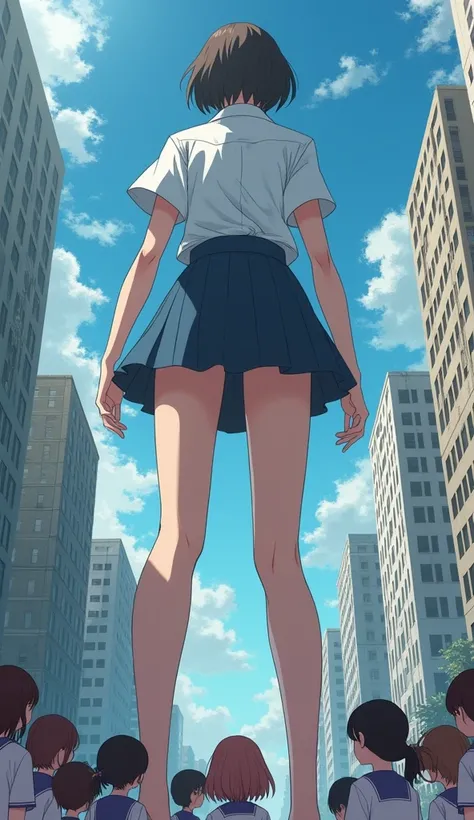 At the foot of a female giant ，Wearing school uniform，ultra-short skirt，Stand in the middle of the city， is a group of girls，from bottom to top