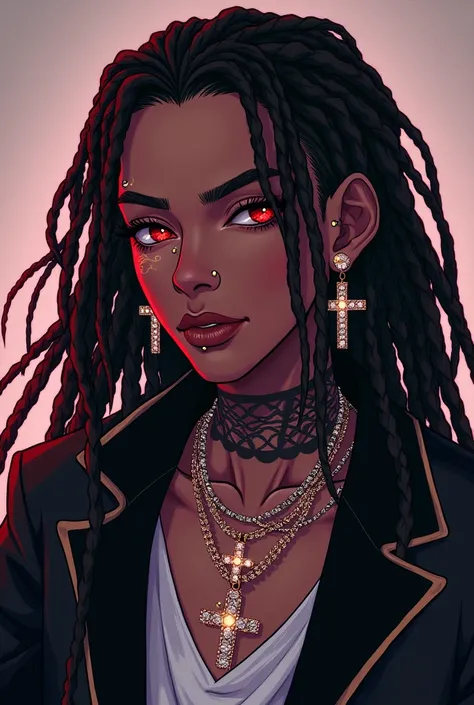 playboi carti the rapper, upside down cross jewelry, made of diamonds and gold rose white gold, vampire aesthetic, red eyes, piercing on the left eye and piercing on under the lip, long dreadlocks, anime style, Chinese anime style drawing