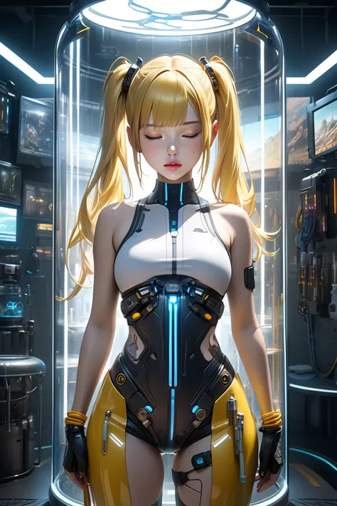  (bestquality,4K,8k, highres icon,masterpiece:1.2),ultra-detailed,(realistic,photorealistic,photo-realistic:1.2),HDR,UHD, An android girl with yellow hair and twin tails is inside the culture tank The 、 cyberpunk、 Looking down and closing her eyes 、 detail...