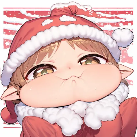 A cute chibi girl elf puffing out his cheeks in a big, baggy Santa Claus hat, ultra detailed, absolutely resolution, masterpiece