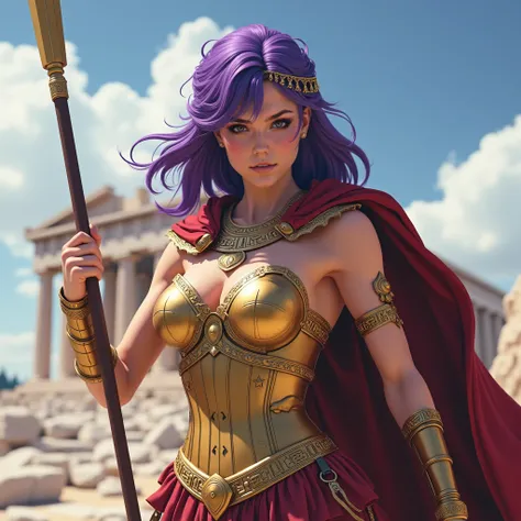 (best quality,4k,8k,highres,masterpiece:1.2),ultra-detailed, 1woman, Greek goddess Athena, purple hair, wearing golden hoplite armor with helmet, attacking pose, wielding a spear, looking at the viewer, wise, impressive, seductive eyes, in front of the Par...