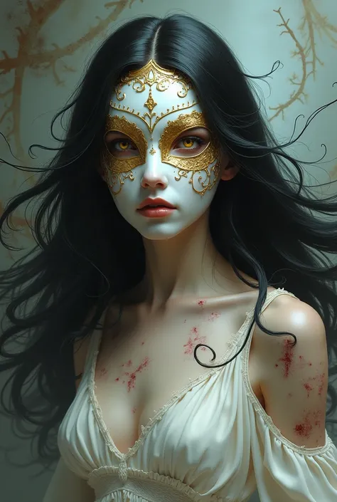  You could create an image of a girl in thorns wearing a white dress made of semi-transparent silk, with black hair,  covered with a white and gold ceramic mask that covers her entire face , with golden eyes and bloody scratches  